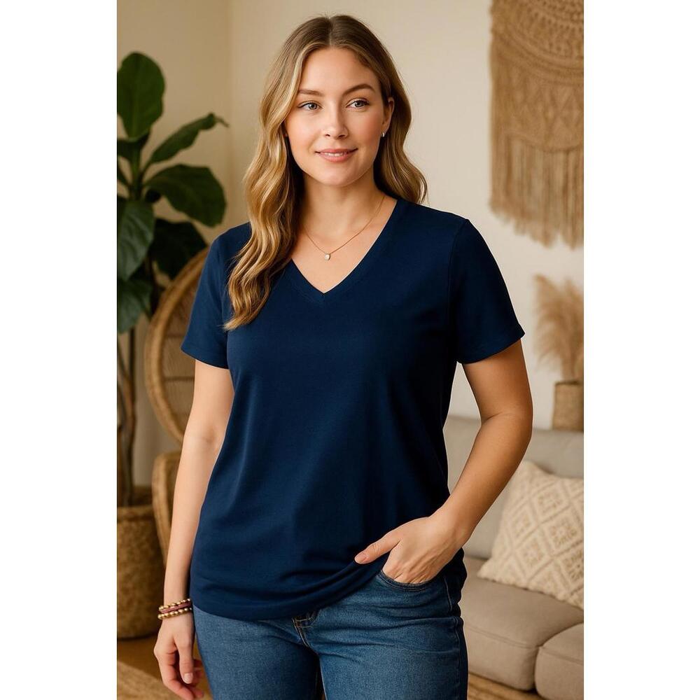 Zenana Women’s V-Neck Stretch Tee Top Blue 3X NWT Soft Basic Casual Plus A14